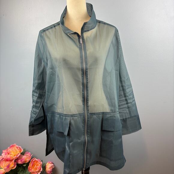 Marla Wynne Chico's Organza Dusty Blue Sheer High Neck Zip Jacket Pockets Medium - Picture 1 of 7